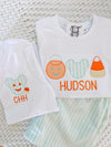 Boy Mouse Ears, Pumpkin and Candy Corn on Boys Personalized White Tee Shirt
