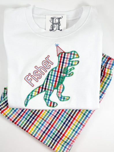 Birthday Dinosaur in Multi Color Plaid Fabric Applique on Boy's White Shirt Personalized with Name