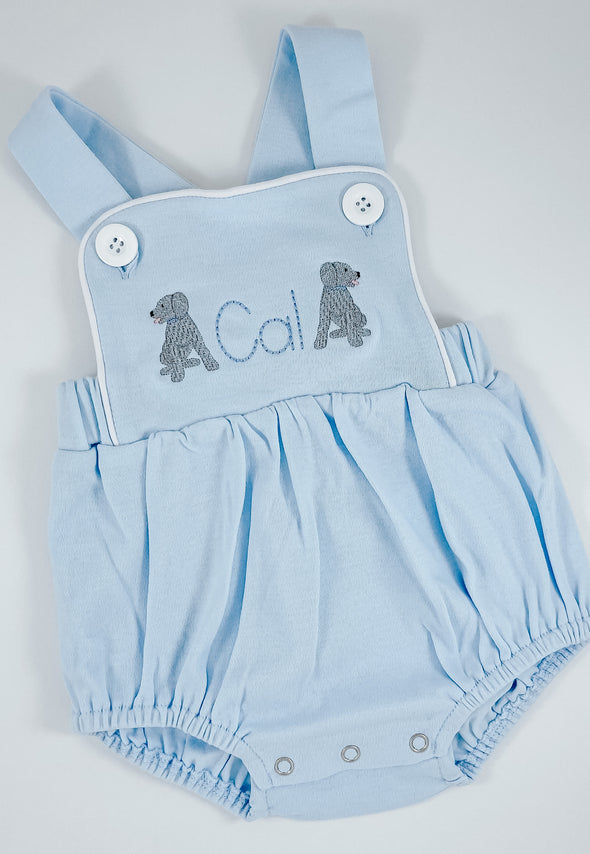 Puppy Dogs - Grey - on Baby/Toddler Blue Bubble/Sunsuit - Personalized with Name