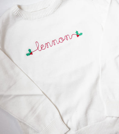 Christmas Holly and Berry Embroidery on Unisex Sweater Personalized with Name