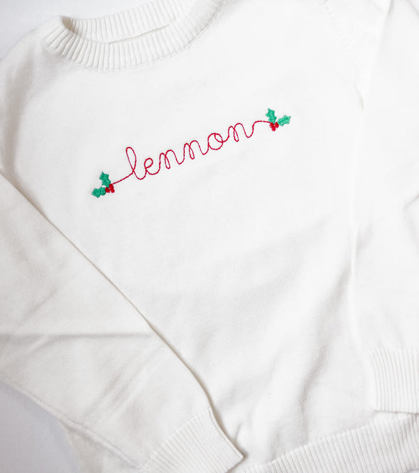 Christmas Holly and Berry Embroidery on Unisex Sweater Personalized with Name