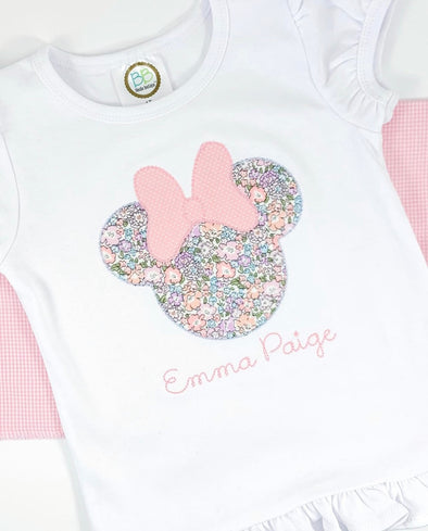 Girls Personalized White Shirt Sleeve Shirt or Dress with Mouse Ears Applique