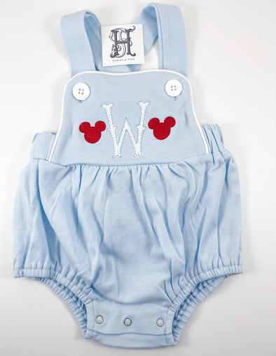 Monogrammed Initial on Blue Bubble/Sunsuit with Boy Mouse Ears Red Embroidery