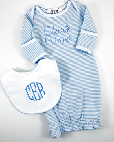Newborn - Baby Boys Gift Set - Personalized Newborn Blue Stripe Gown and White with Blue Picot Trim Monogrammed Bib - Blue Embroidery
