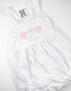 Miss Mouse Trio with Bows Applique on Girl's Personalized White Ruffled Bubble/Sunsuit