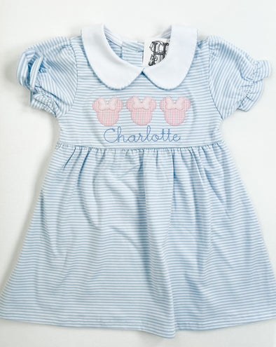 Miss Mouse on Girls Personalized Blue Stripe Dress with Collar
