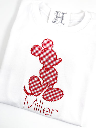 Boy Mouse Silhouette Applique in Red Gingham on Boy's White Shirt Personalized with Name