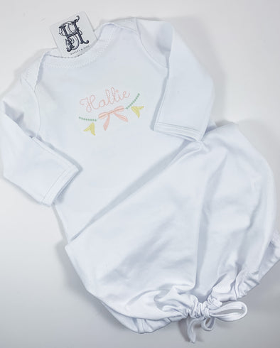 Newborn - Baby Girls Butter Soft White Layette Gown -  Personalized with Name Pink and Yellow Embroidery