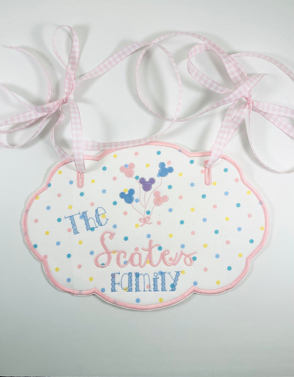 Stroller Tag - Personalized Baby and Toddler Stroller Tag - Pastel Polka Dot Fabric with Mouse Balloons