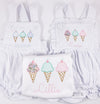 Ice Cream Cone Trio Applique on Baby/Toddler Girls Personalized White Bubble/Sunsuit