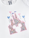 Castle Pink Floral Applique with Mouse Ears Balloons on Girls Personalized White Shirt