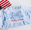 Personalized Fourth of July Blue Ruffled Sunsuit with Stars and Bow Embroidery Design
