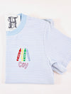 Boy’s Personalized Blue Striped Crewneck Tee Shirt - Back To School - Crayons Embroidery