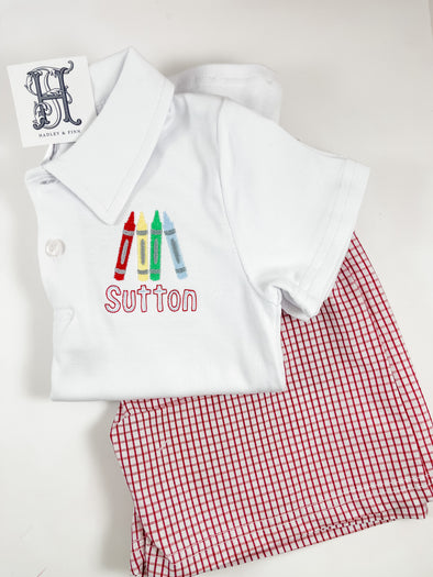 Crayons Embroidery Design on Boys Personalized White Polo Shirt (Shorts Available Upon Request)