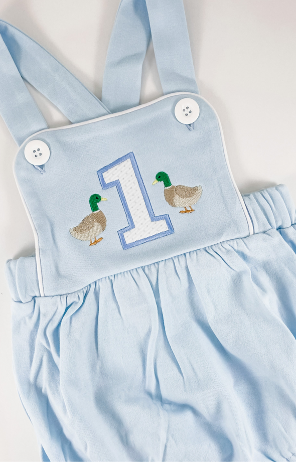 First Birthday Baby Boy Outfit - Blue Bubble with ONE Applique and Ducks Embroidery