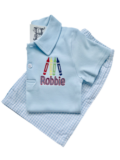 Back To School - Personalized Blue Polo Shirt with Crayons Embroidery (Shorts Available Upon Request)