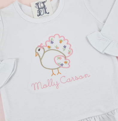 Thanksgiving Turkey Embroidery Design on Girl’s White Shirt Personalized