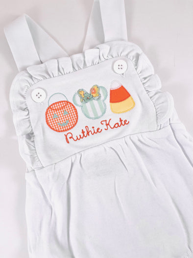 Fall Applique Design on Girl's White Ruffled Bubble/Sunsuit Personalized with Name