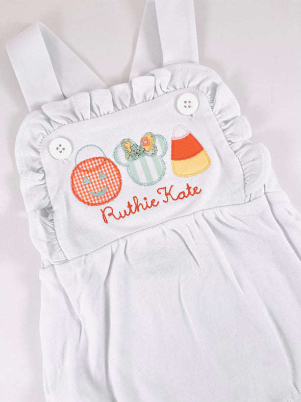 Fall Applique Design on Girl's White Ruffled Bubble/Sunsuit Personalized with Name