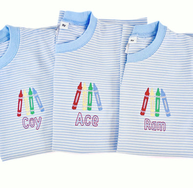 Boy’s Personalized Blue Striped Crewneck Tee Shirt - Back To School - Crayons Embroidery