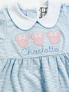 Personalized Girl's Blue Stripe Knit Yoke Dress - White Collar - Mouse Ears Applique