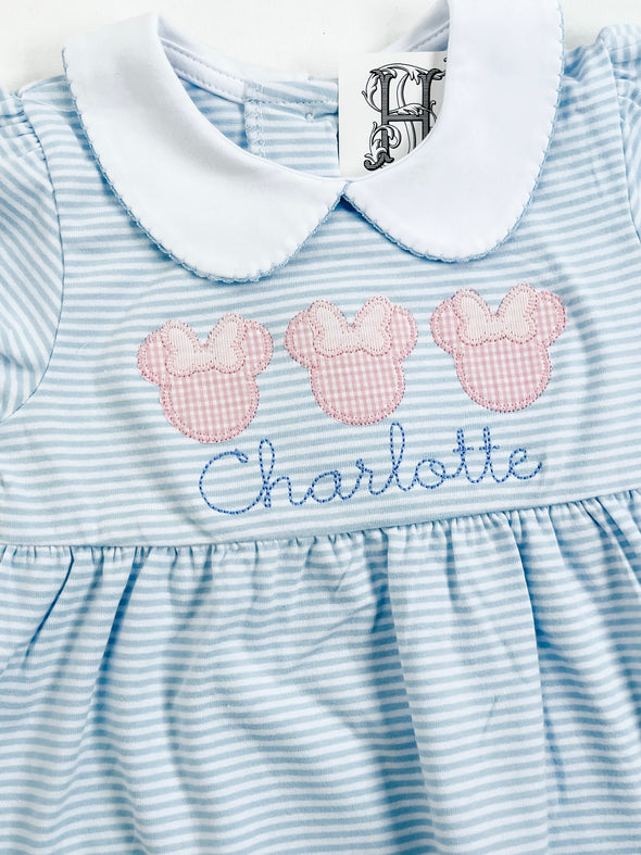 Personalized Girl's Blue Stripe Knit Yoke Dress - White Collar - Mouse Ears Applique