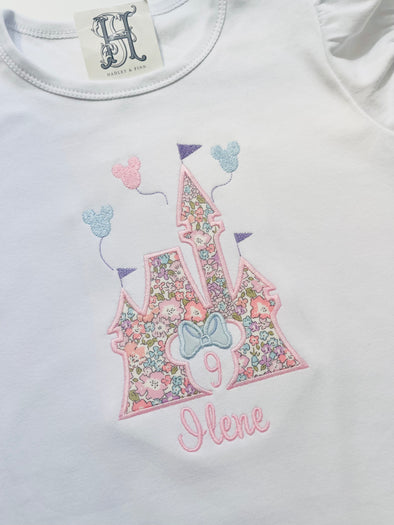 Personalized Girl's White Birthday Dress or Shirt with Castle Applique