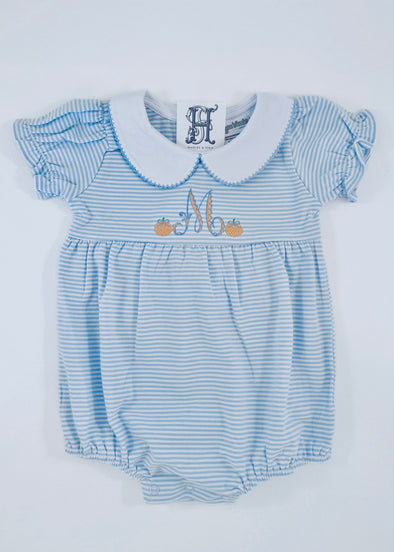 Monogram Initial and Pumpkins Embroidery Design on Baby or Toddler Girl's Blue Bubble