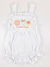 Fall Applique Design on Girl's White Ruffled Bubble/Sunsuit Personalized with Name