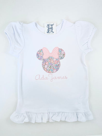 Girls Personalized White Shirt with Mouse Applique Design