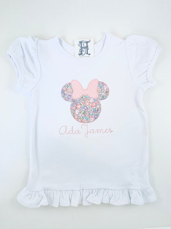 Girls Personalized White Shirt with Mouse Applique Design