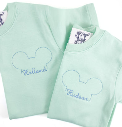 Personalized Outlined Mouse Embroidery Design on Boy's Crewneck Mint Green Tee Shirt