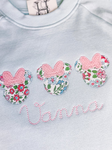 Personalized Unisex Light Blue Sweatshirt With Miss Mouse Trio Applique Design