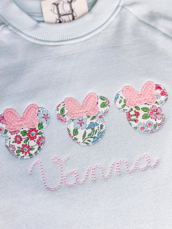 Personalized Unisex Light Blue Sweatshirt With Miss Mouse Trio Applique Design