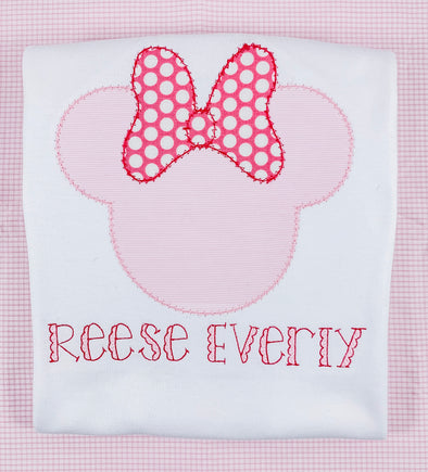 Personalized Girl's White Shirt with Big Happy Miss Mouse Pink Applique Design