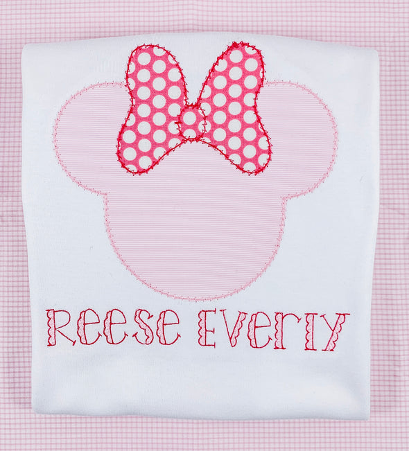 Personalized Girl's White Shirt with Big Happy Miss Mouse Pink Applique Design
