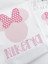 Personalized White Girl’s Shirt with Big Happy Miss Mouse Pink Gingham Applique Design