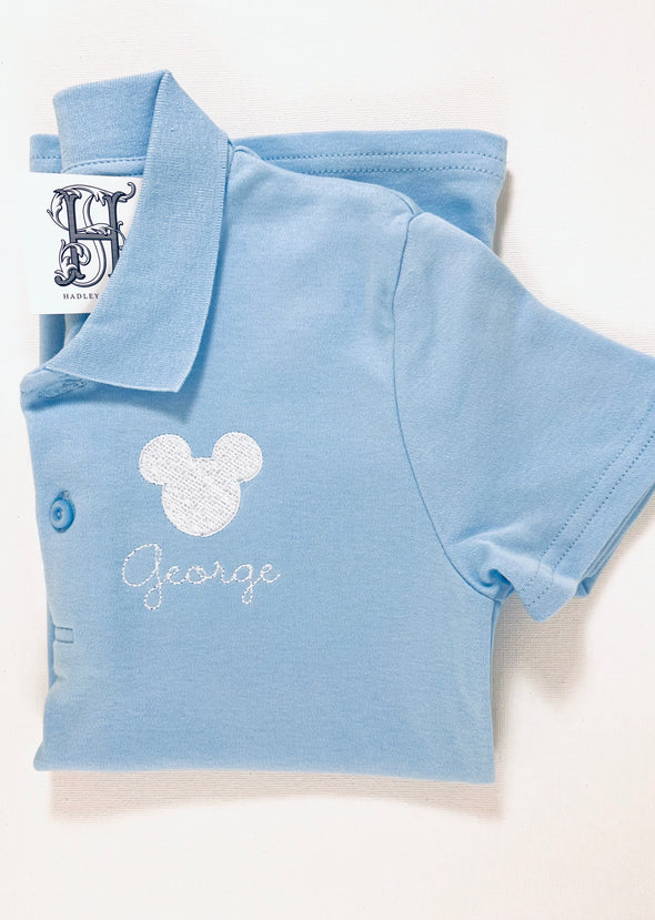 Personalized Mister Mouse Embroidery Design on Boy's Classic Light Blue Polo Shirt