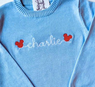 Personalized with Mister Mouse Embroidery Design on Boy’s Unisex Size Blue Sweater