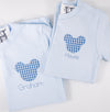 Personalized Boy’s Crewneck Blue Tee Shirt with Mister Mouse Applique on Left Chest