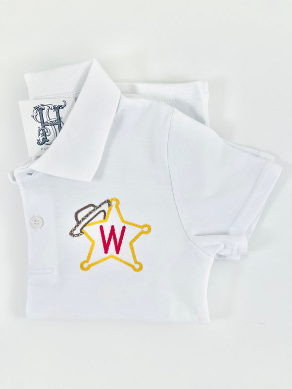 Monogram Initial, Sherrif Badge, and Hat Embroidery Design on Boy's Classic White Polo Shirt