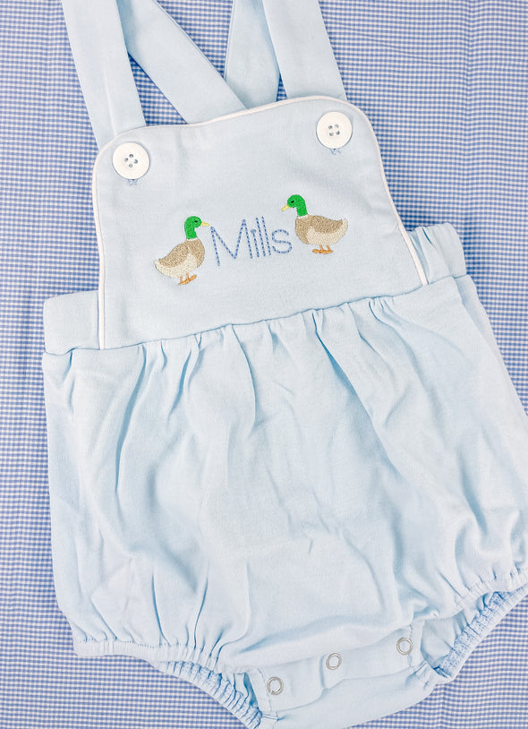 Ducks Embroidery on Boys Personalized Blue Bubble/Sunsuit or Tee Shirt