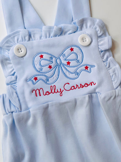 Personalized Fourth of July Blue Ruffled Sunsuit with Stars and Bow Embroidery Design