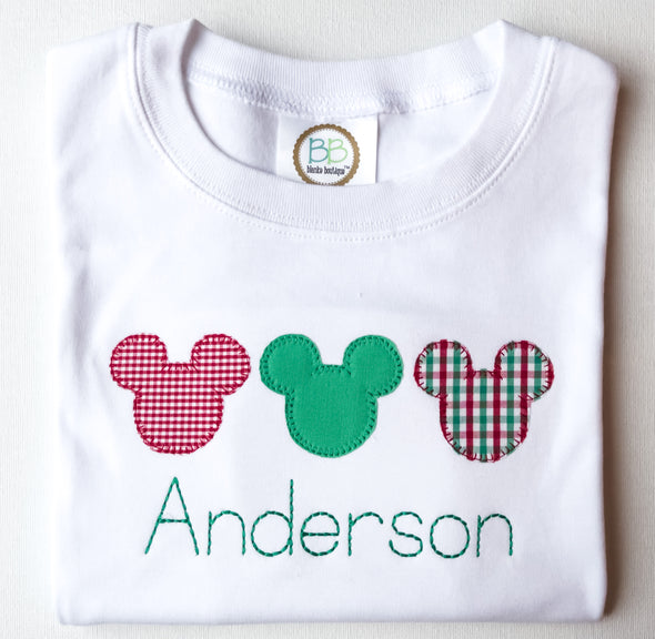 Personalized Christmas Mister Mouse Appliqué Design on Boy’s Crewneck White Tee Shirt