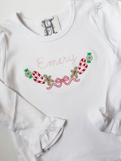 Christmas Candy Canes, Wrapped Candy, and Gingerbread Man Embroidery Personalized on Girl's White Shirt