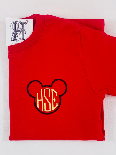 Monogram Embroidery Design on Boy's Crewneck Red Tee Shirt