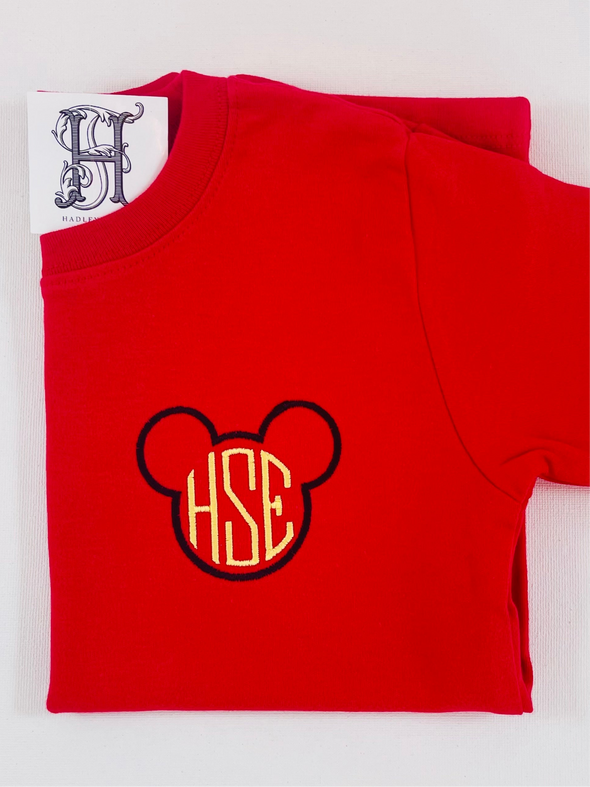 Monogram and Mister Mouse Embroidery Design on Boy's Crewneck Red Tee Shirt