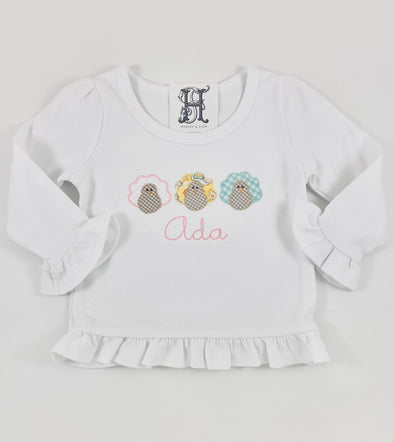 Turkey Trio Applique Shirt with Name on Girl's White Shirt