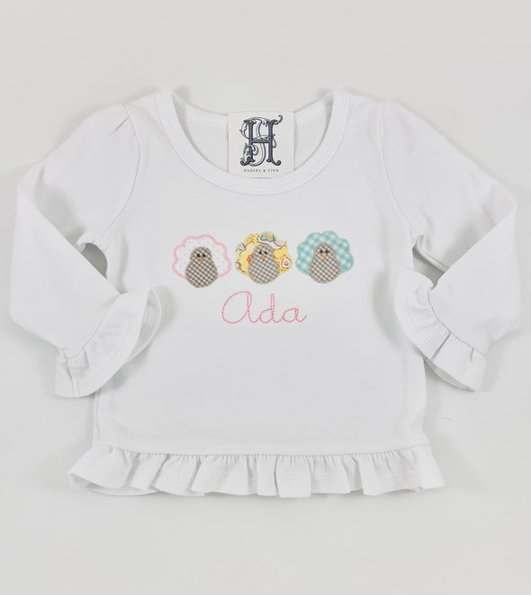 Turkey Trio Applique Shirt with Name on Girl's White Shirt
