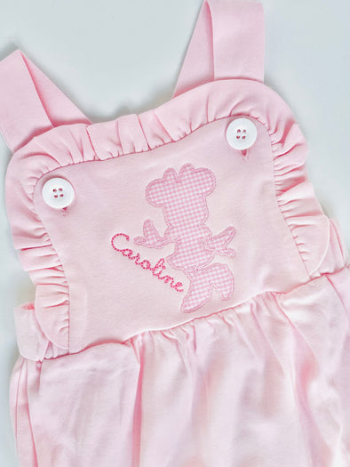 Baby Girl Personalized Pink Ruffled Bubble with Miss Mouse Silhouette in Pink Gingham Applique Design